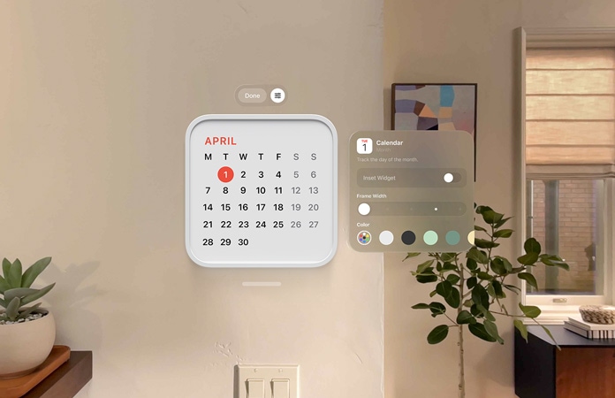 Calendar widget reading April 1st floats on wall, reminder widget floats above, to right, float personalization options to change frame’s thickness and color