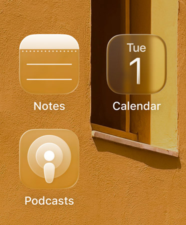 Close up of the new tinted app icons, featuring the Apple TV app, Notes, Calendar, and Podcasts