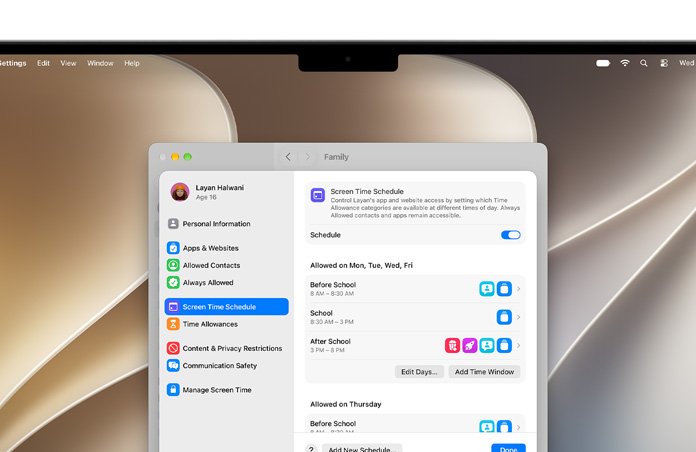 MacBook Pro screen shows Time Allowance and Screen Time Schedule options in Settings to allow time and media categories for their child