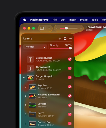 شاشة MacBook&nbsp;Pro مقاس 16&nbsp;إنش، رسم توضيحي غني بالألوان لهامبرغر، أدوات الترتيب في تطبيق Pixelmator&nbsp;Pro‏