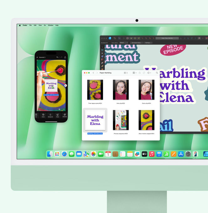 綠色 iMac，顯示正在使用的 iPhone 鏡像輸出功能。將 iMac 的檔案拖移至鏡像輸出的 iPhone 螢幕上