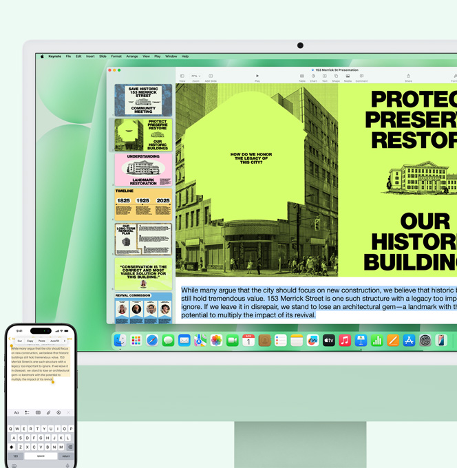 綠色 iMac 和 iPhone 並排展示，將 iPhone 備忘錄 app 的文字複製並貼上至 iMac