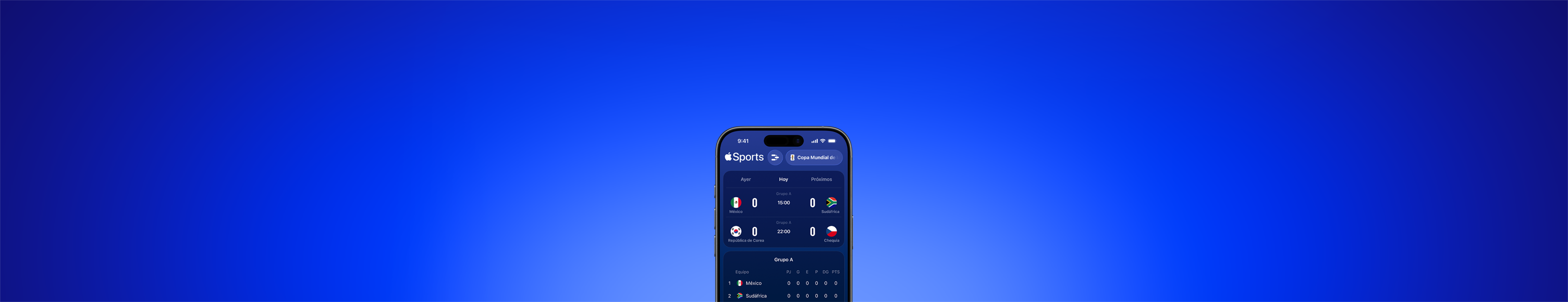 App Apple Sports en un iPhone que muestra los partidos del día de la Copa Mundial de la FIFA 2026, pestaña Hoy seleccionada