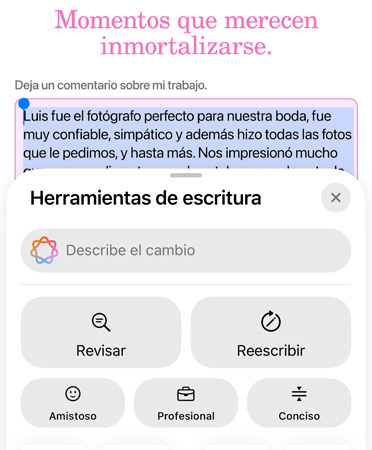 Funcionalidad Herramientas de Escritura en uso con las opciones Revisar, Reescribir, Amistoso, Profesional y Conciso
