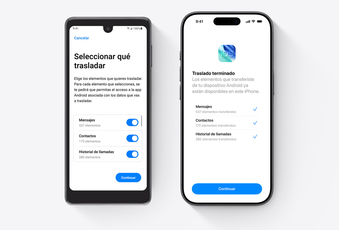 Un dispositivo al lado del otro, pantalla de un teléfono Android que muestra la app Trasladar a iOS, pantalla de un iPhone que muestra la app Trasladar a iOS