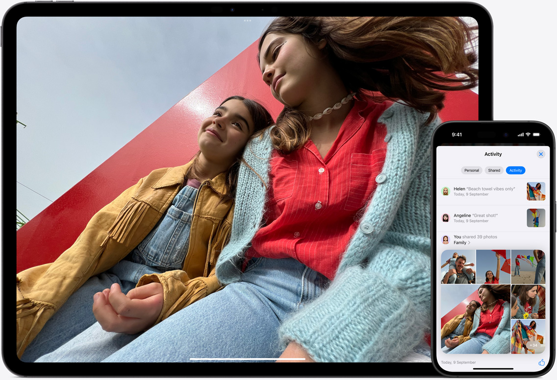 iPad and iPhone screens of iCloud Photos featuring images of a father with his two daughters at the beach
