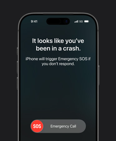 iPhone 17 Pro, front exterior, rounded corners, crash detection feature in use