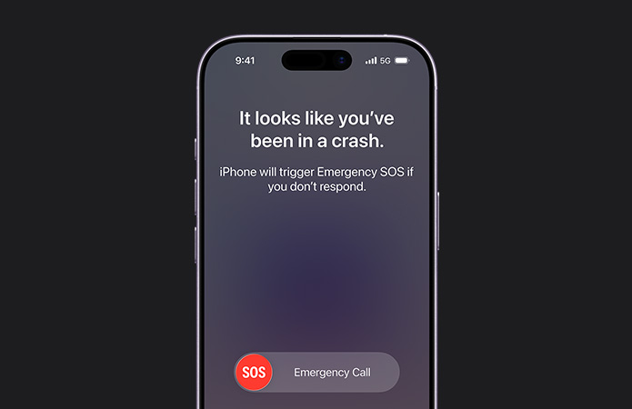 iPhone 17, front exterior, rounded corners, crash detection feature in use