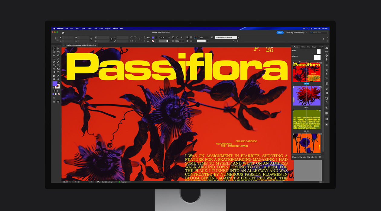 In an Adobe InDesign 2026 file, a vibrant magazine spread showcases the P3 + Adobe RGB colour space