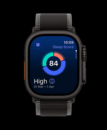 Apple Watch Ultra 3, black colour, titanium case, screen shows sleep score circle graph, band, Trail Loop, black/charcoal colour