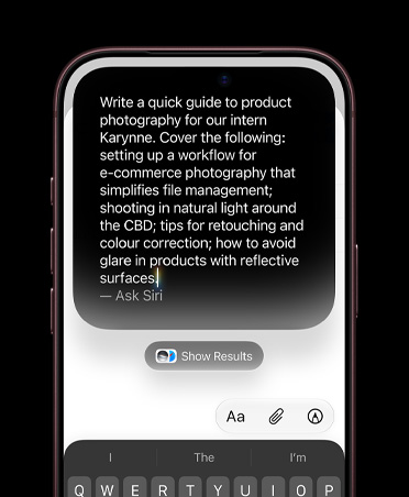 iPhone screen showing detailed typed prompt for Write with Siri to create a draft