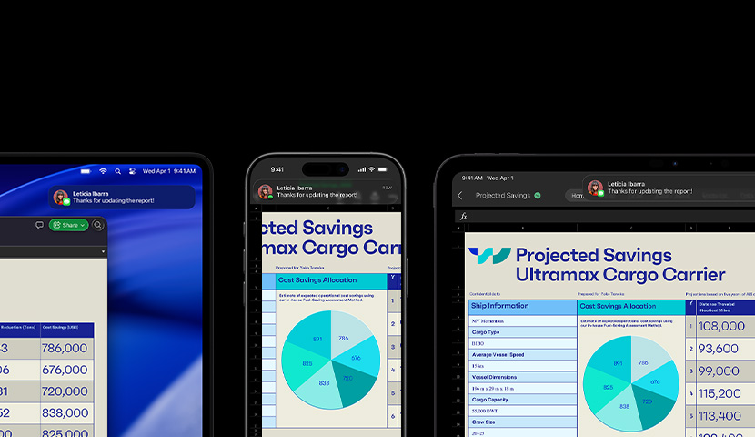 A spreadsheet and text message displayed on a suite of devices, including iPhone, iPad, Apple Watch, and Mac which shows macOS Tahoe.