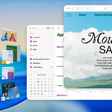 Multiple windows and apps displayed on a screen including Keynote, Pages, Mail, and a website featuring content about a serene sanctuary.