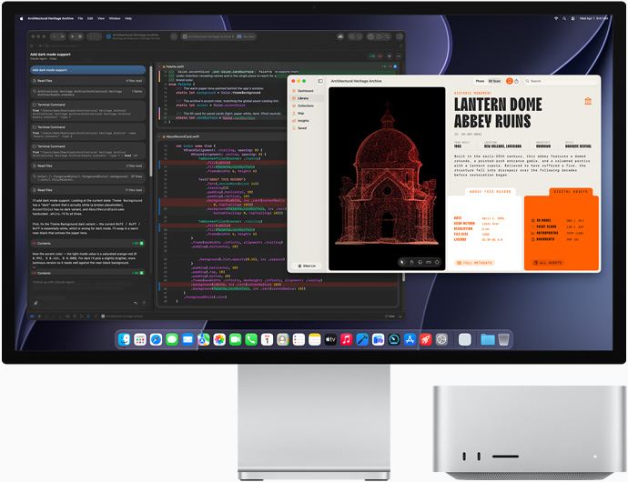 Studio Display XDR, na ekranie widać dokument w trakcie przetwarzania w Claude Agent w środowisku Xcode, Mac Studio, widok z przodu
