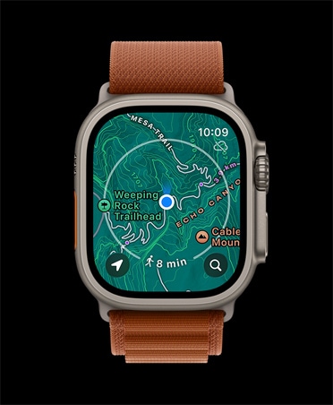 Apple Watch Ultra 3, culoare natural, carcasă din titan, hartă offline, indicații de orientare următoare, curea, brățară Alpină de culoare Teracotă