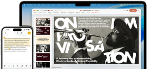 iPhone 16 Plus cu text evidențiat în aplicația Notițe, Macbook Air cu o prezentare Keynote deschisă, în care este vizibil text din aplicația Notițe