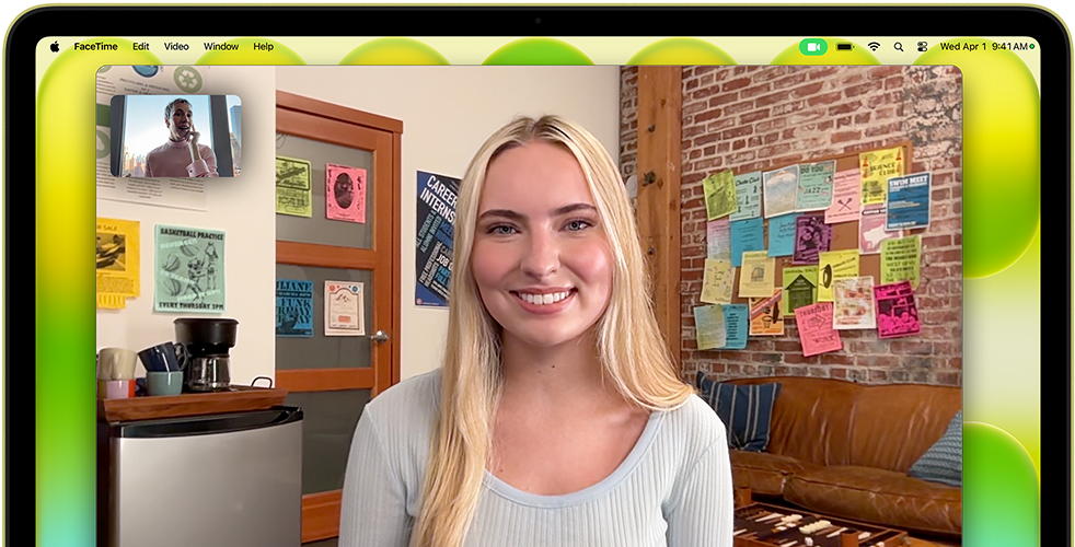 MacBook Neo, culoare Galben citric, cameră amplasată deasupra ecranului, apel video FaceTime pe ecran