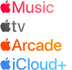 Apple subscription services logotypes including Apple&nbsp;Music, Fitness+, Apple&nbsp;TV, Apple&nbsp;Arcade, iCloud+