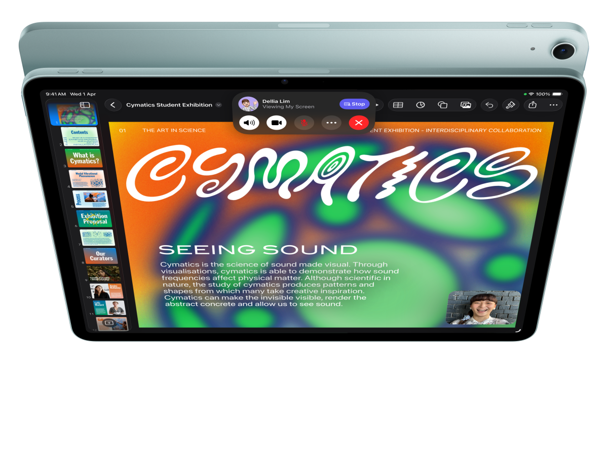 iPad Air, front exterior, user is on FaceTime and looking at Keynote in front of another iPad Air, back exterior