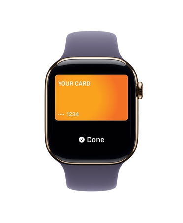 Apple Watch Series 11, gold color, titanium case, Apple Pay, right side exterior, Digital Crown, purple fog Sport Band