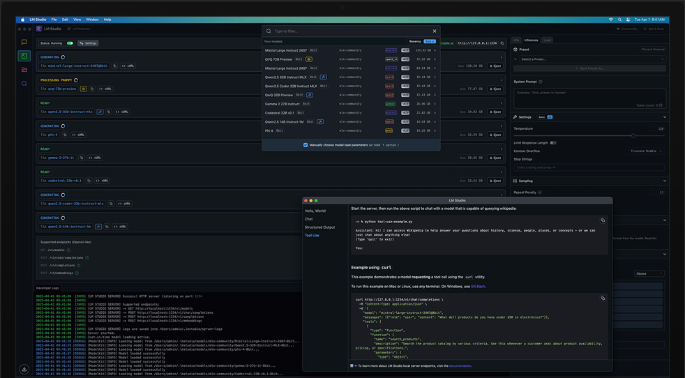 Mac Studio s čipom M3 Ultra pri používaní aplikácií LM Studio a Apple MLX na kontrolu modelov učenia