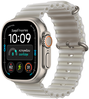 Apple Watch Ultra 4, titanium case, natural color, Modular watch face, complications: day and date, readiness, heart rate, Run workout, Weather, right side exterior, Digital Crown, raised side button, Ocean Band, translucent gray color