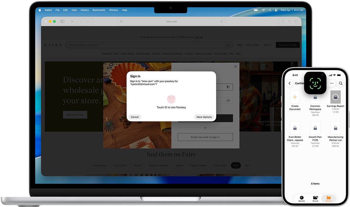 มุมมองด้านหน้าของ MacBook ที่แสดงหน้าต่าง Touch ID ด้านหน้าของ MacBook มี iPhone ที่แสดงหน้าจอ Face ID