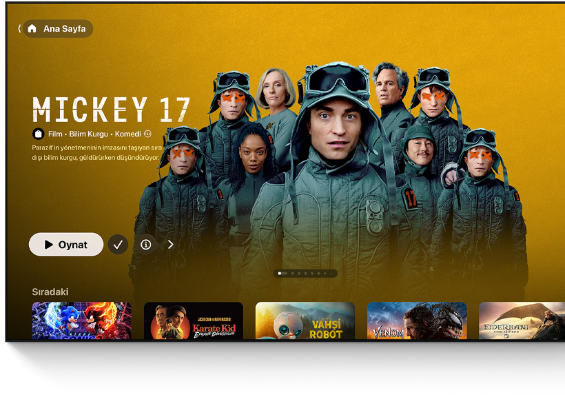 Mickey 17 filmine ait bir görselin üzerinde Apple TV uygulamasının görüntüsü.