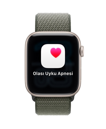 Apple Watch SE 3, alüminyum kasa, yıldız ışığı renk, olası uyku apnesi bildirimi, beyaz kutucuk içinde pembe kalp, sağ dış görünüm, Digital Crown, Spor Kordon, sis moru renk