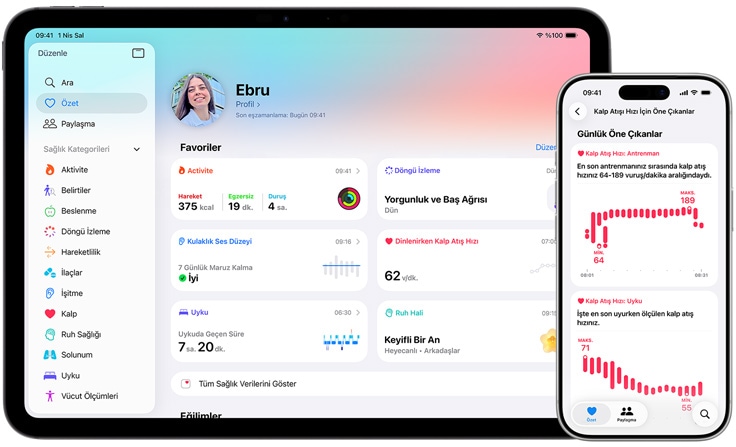 Ekranda Sağlık Özeti, Favoriler görülüyor; yanındaki ekranda da Sağlık, Kalp Atış Hızı, Öne Çıkanlar görülüyor