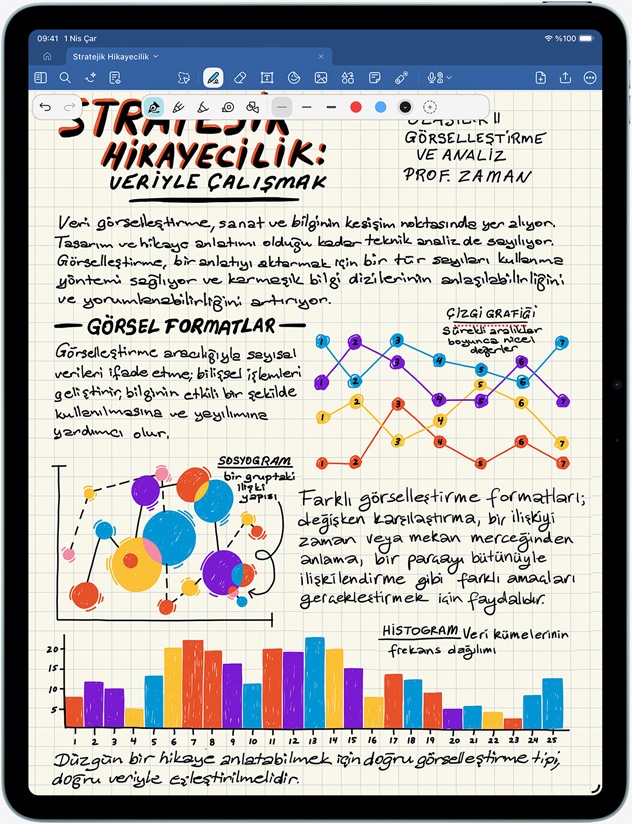 iPad Air, dikey pozisyonda, ekranında notlar ve görseller görülüyor