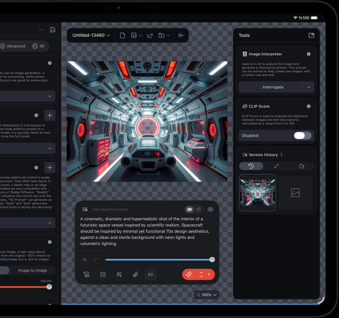 iPad Pro, önden dış görünüm, ekranda Image Interpreter ve CLIP Score gibi çeşitli düzenleme araçları ve yapay zeka işlevleriyle düzenlenmekte olan fütüristik bir uzay aracının klibi gösteriliyor