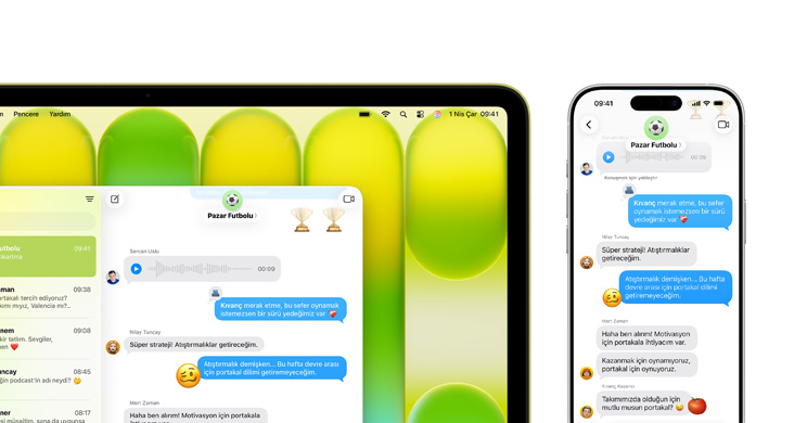 MacBook Neo’da iPhone Yansıtma özelliği kullanılarak ekranda bir mesaj grubu gösteriliyor.