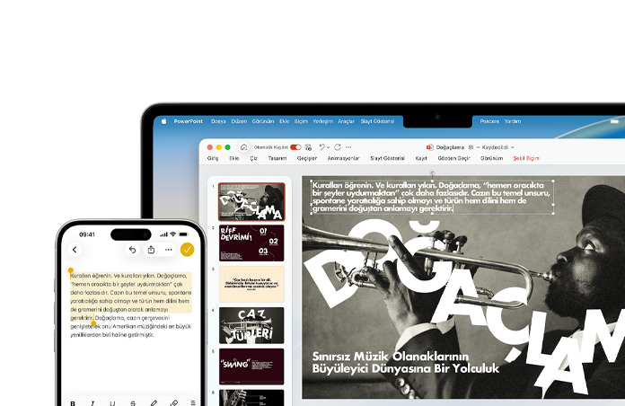 iPhone 16 Plus’ta Notlar uygulaması açık ve bir metin seçili, MacBook Air’de PowerPoint slaytı açık, slaytta Notlar uygulamasındaki metin görülüyor