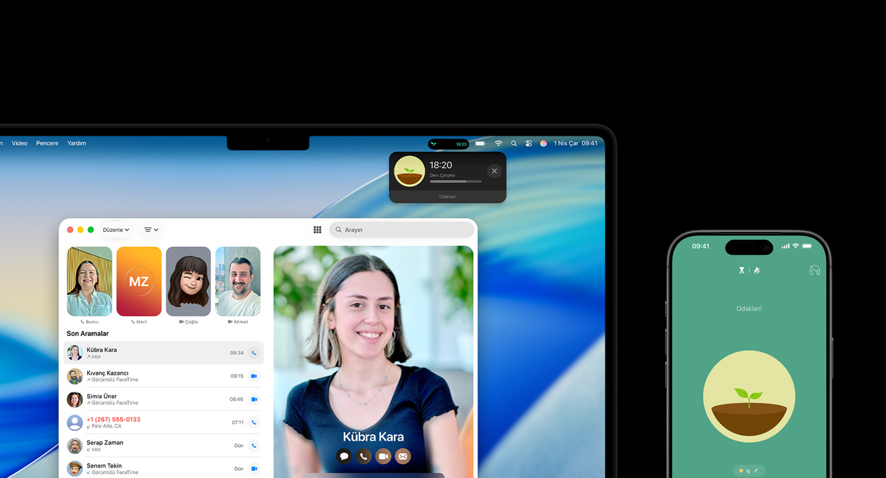MacBook Pro ve iPhone yan yana duruyor, MacBook Pro ekranında Telefon uygulaması ve Forest uygulamasından Canlı Etkinlikler, iPhone’da ise Forest uygulaması gösteriliyor