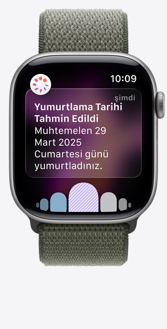 Apple Watch Series 11, Uzay Grisi alüminyum kasa rengi, Sağlık uygulamasındaki Döngü İzleme’den yumurtlama zamanı tahminiyle ilgili bildirim, Digital Crown, kordon, orman rengi Spor Loop