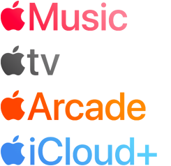 Apple 訂閱服務標誌，包括 Apple Music、Apple TV、Apple Arcade、iCloud Plus