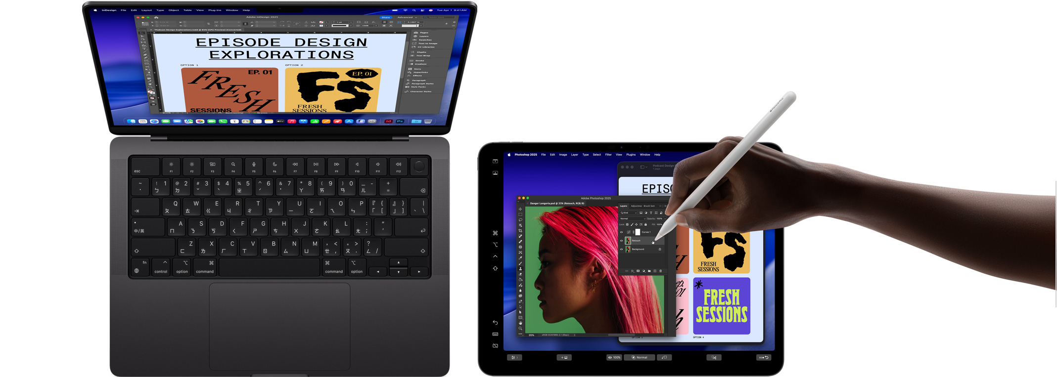 14 吋 MacBook Pro，13 吋 iPad Pro 被用來當作 MacBook 的延伸顯示器，一隻手以 Apple Pencil Pro 操作 iPad 上的影像