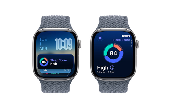 Apple Watch Series 11, space grey colour, aluminium case, Smart Stack hint, sleep score notification, right side exterior, Digital Crown, Braided Solo Loop, anchor blue colour
