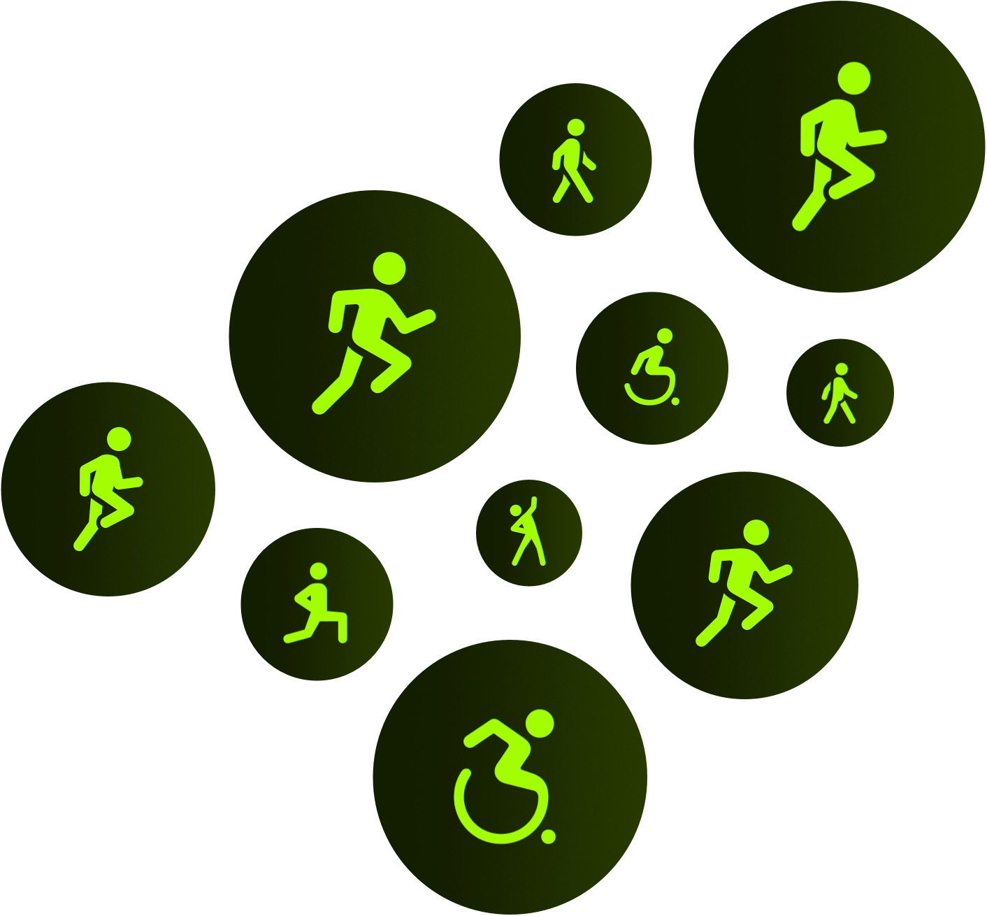 Icons of people exercising: runners, walkers, wheelchair users