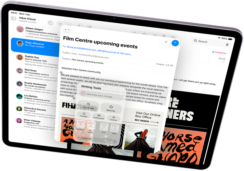 Landscape view of iPad Air showcasing Apple Intelligence with Writing Tools and Mail