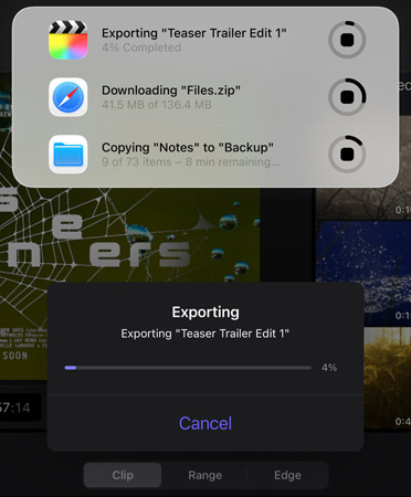 A list of Live Activities in progress and running simultaneously, list includes exporting a trailer, downloading large files and moving “Notes” to “Backup”