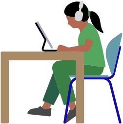 Một người phụ nữ ngồi ở bàn, đang đeo AirPods Max và sử dụng iPad