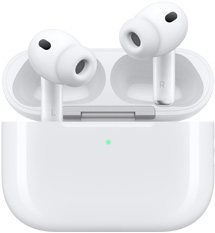 سماعات AirPods Pro 3 وعلبة شحن MagSafe ‏(USB‑C‎)، علبة خارجية مدوّرة، مؤشر طاقة LED، غطاء العلبة مفتوح، لون أبيض، سماعات رأس لاسلكية مع رؤوس من السيليكون، الجزء الداخلي من الجذع يظهر عليه الحرفان L وR‏