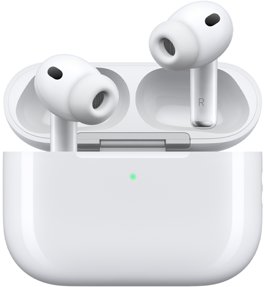 AirPods Pro 3 i etui ładujące MagSafe (USB‑C), zaokrąglona obudowa, zewnętrzny wskaźnik LED informujący o stanie baterii, otwarte etui w kolorze białym z bezprzewodowymi słuchawkami i silikonowymi wkładkami, każda końcówka ma na wewnętrznej części literę L albo R