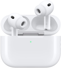 AirPods Pro 3 et Boîtier de charge MagSafe (USB-C), boîtier aux bords arrondis, voyant d’alimentation LED, boîtier ouvert, coloris blanc, écouteurs sans fil avec embouts en silicone, lettres L et R inscrites à l’intérieur des tiges