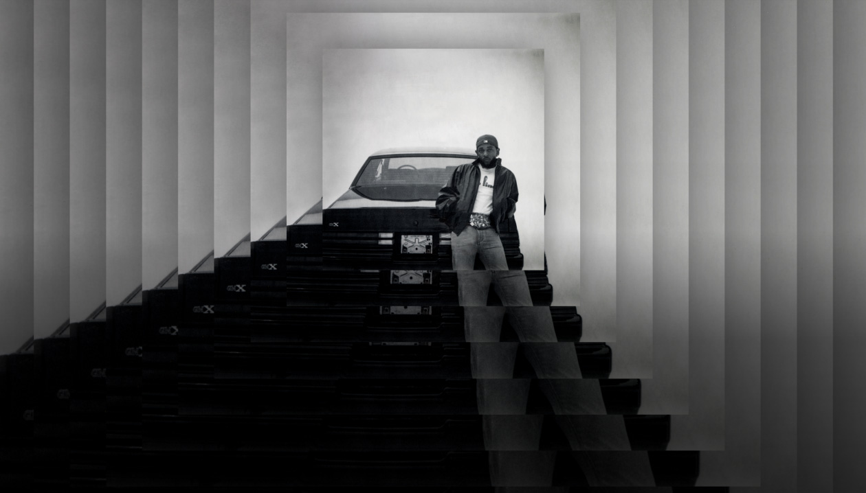 Kendrick Lamar album "GNX" cover art features Kendrick Lamar leaning on a car — specifically a  1987 Buick GNX. The album cover is repeated and  layered on top of each other.