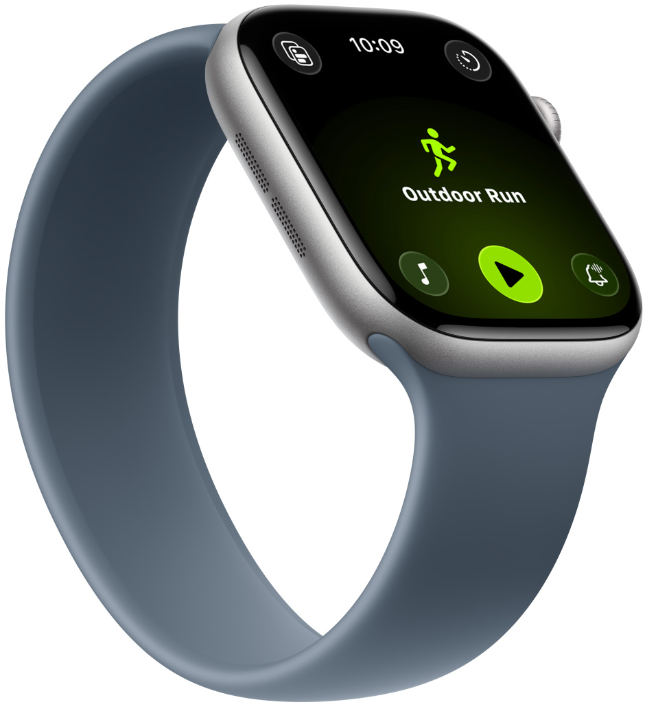 Apple Watch Series 11, aluminum case, space gray color, Outdoor Run workout, Apple Music controls at bottom of screen, Solo Loop, anchor blue color