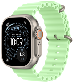 Apple Watch Ultra 3, kleur naturel, kast van titanium, wijzerplaat Oriëntatie, functies: UV-index, Activiteit, Satelliet, Kompas, rechterkant, Digital Crown, microfoon, zijknop, Ocean-bandje, kleur neongroen