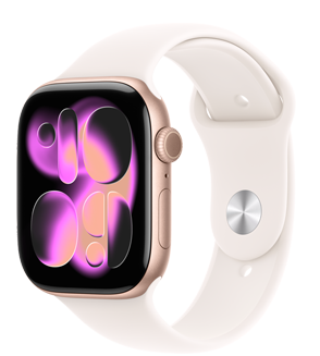 Apple Watch Series 11 com caixa em alumínio rosa-dourado, mostrador Responsive Art, Digital Crown, microfone e botão lateral no lado direito, Bracelete desportiva rosa leve